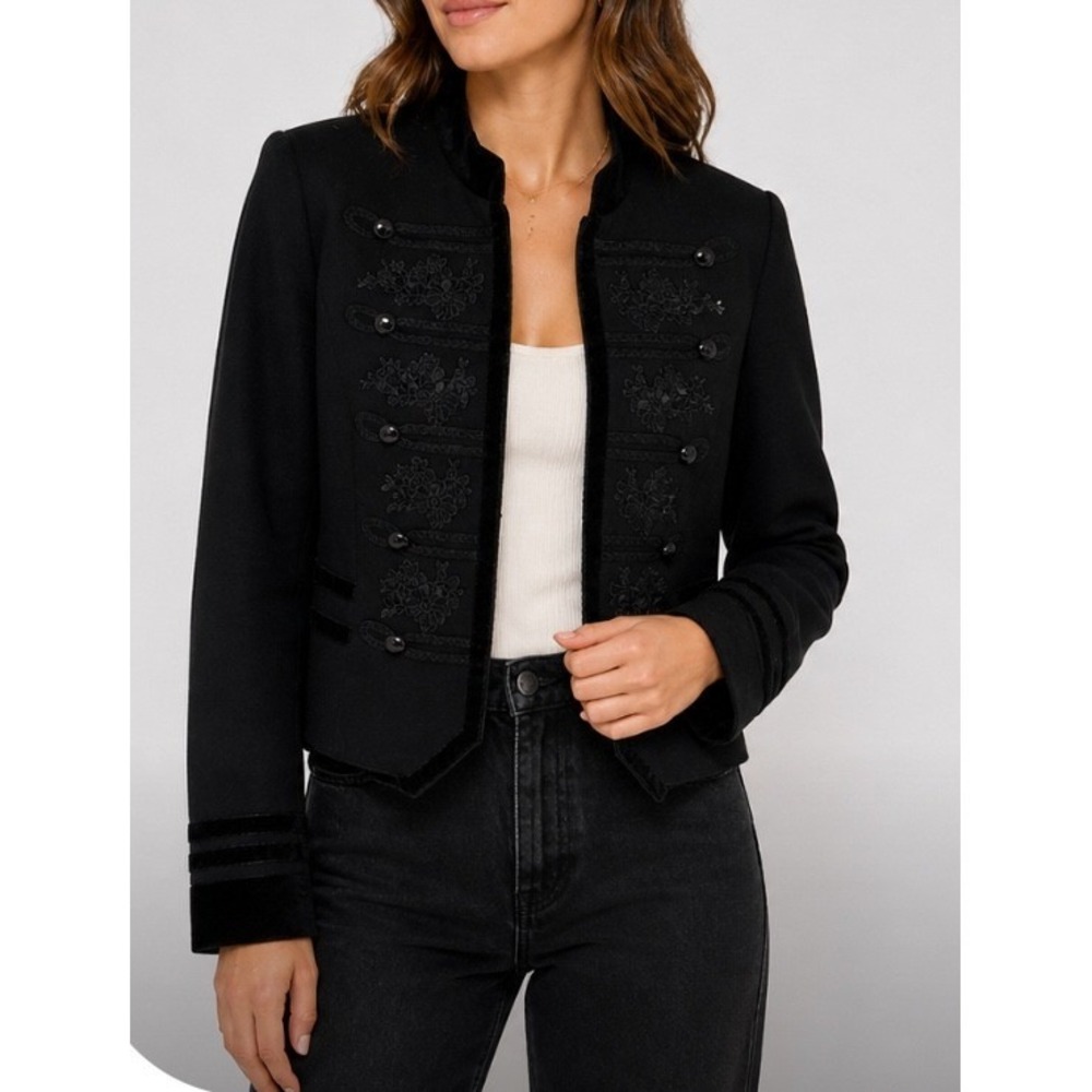 White House Black Market Military Trophy Jacket Black Velvet Soutache Size 00